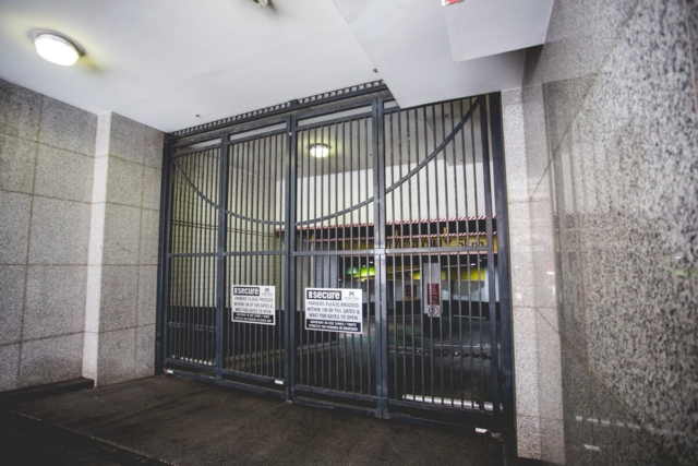 Commercial automatic swinging gates Sydney City Meriton apartment car park